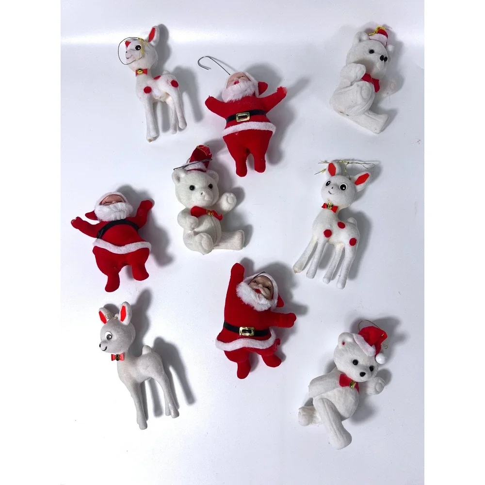 Vintage Flocked Christmas Ornaments Santa Bears Reindeer Red White Lot of 9
